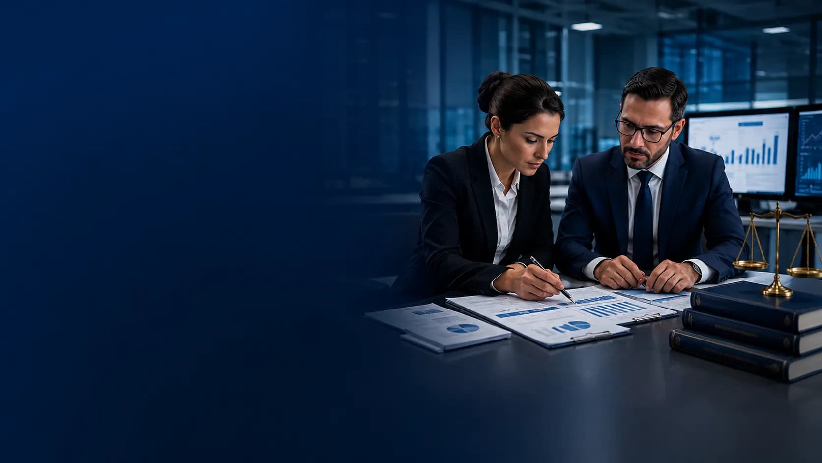 Profesionales del sector jurídico y pericial analizando documentos financieros