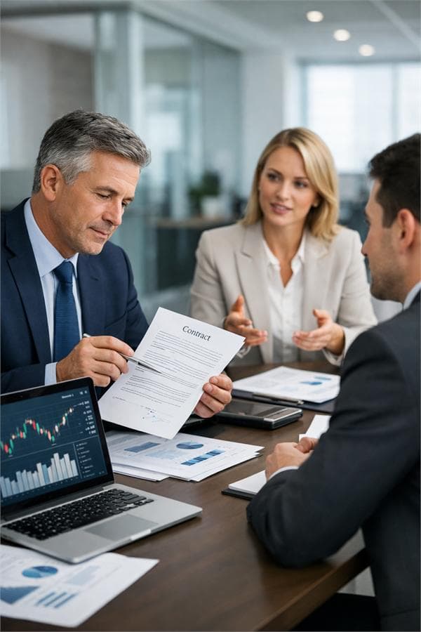 Abogados revisando un contrato en una sala de juntas