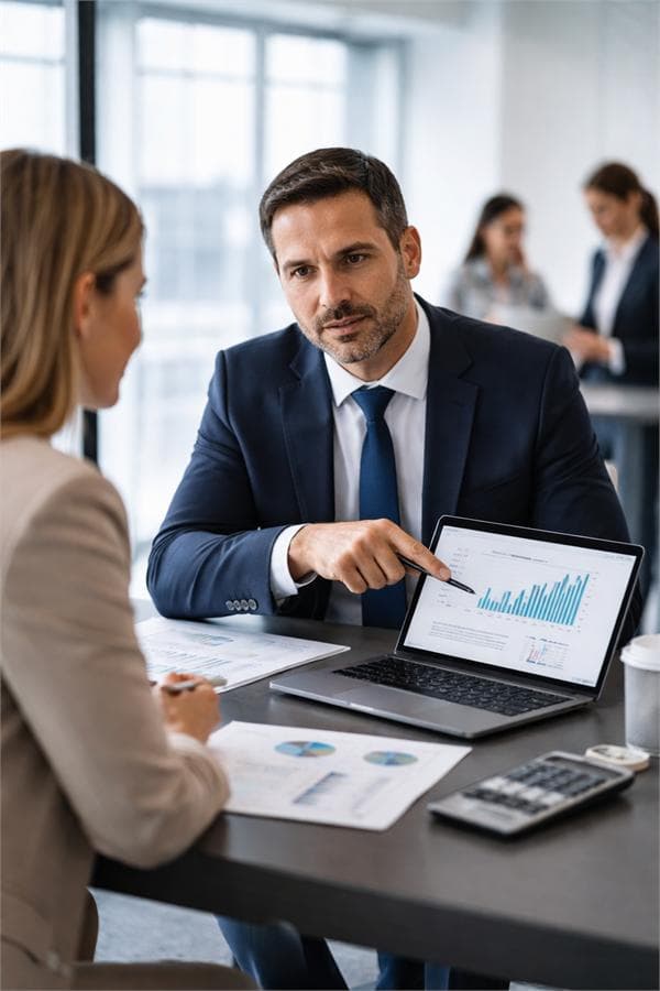 Asesor explicando cifras financieras a una clienta